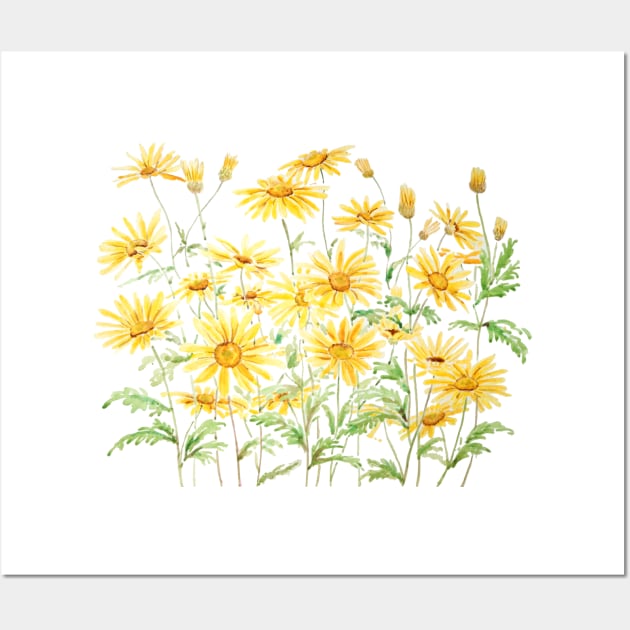 Yellow Margaret Daisies branch watercolor Wall Art by colorandcolor
